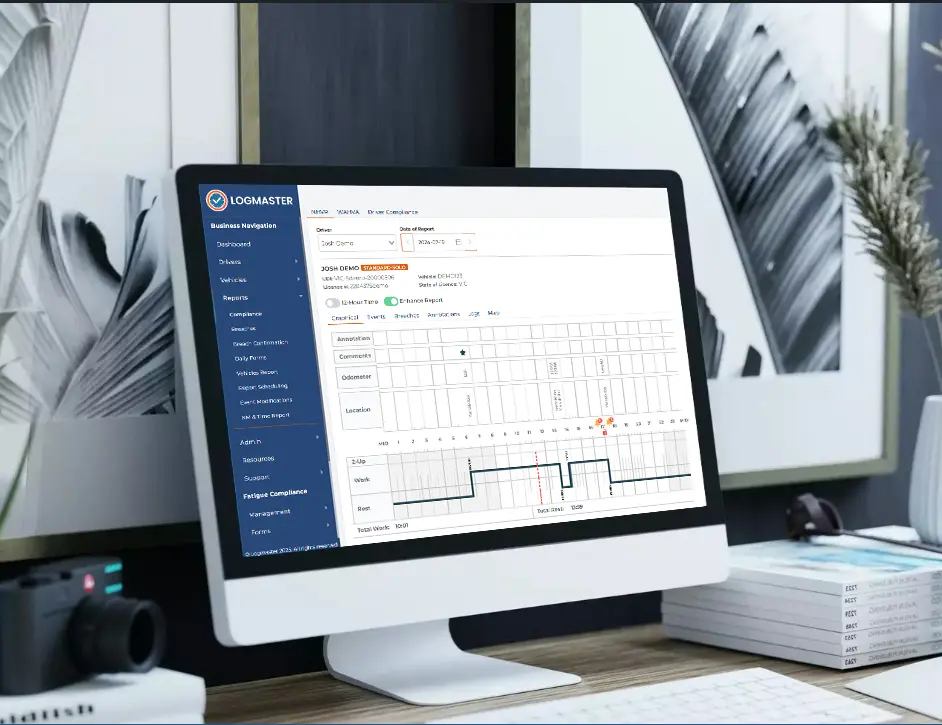 Old man driver showing Logmaster app in his phone