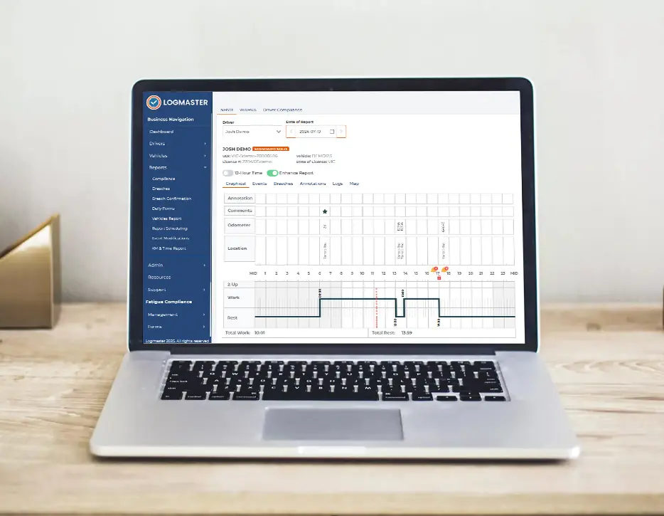 Old man driver showing Logmaster app in his phone